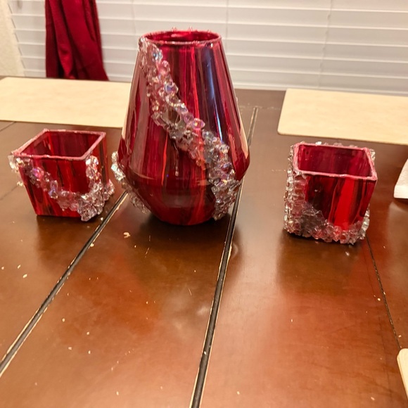 Elegant Ruby Glass Vase Set with Crystal Details